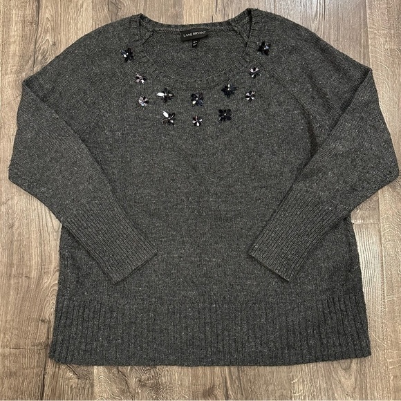 Lane Bryant 18/20 Dark Gray Embellished Glitz Sequin Floral Wool Blend SWEATER - Picture 1 of 9